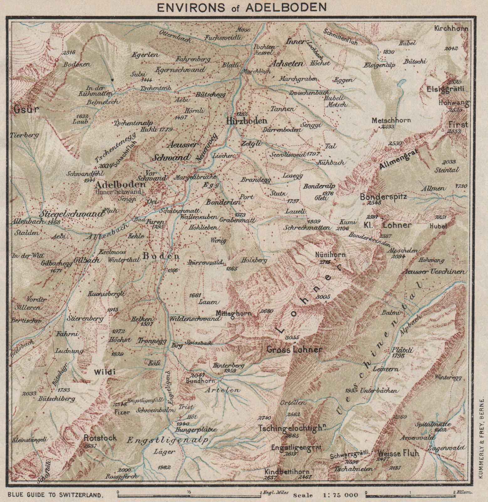 ADELBODEN ENVIRONS. Hirzboden. Vintage map plan. Switzerland 1930 old